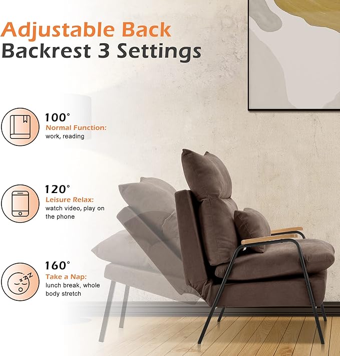 MCombo Accent Recliner Chair with Ottoman, Modern Fabric Armchair, Upholstered Sofa Bed for Living Room Bedroom, Small Space 4055 (Black Frame, Brown)