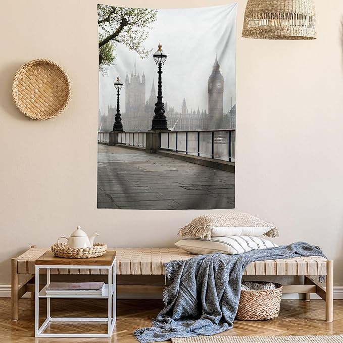 Ambesonne London Tapestry, Big Ben View from the Street Palace of Westminster Touristic Britain, Fabric Wall Hanging Decor for Bedroom Living Room Dorm, 23" X 28", Off White Brown