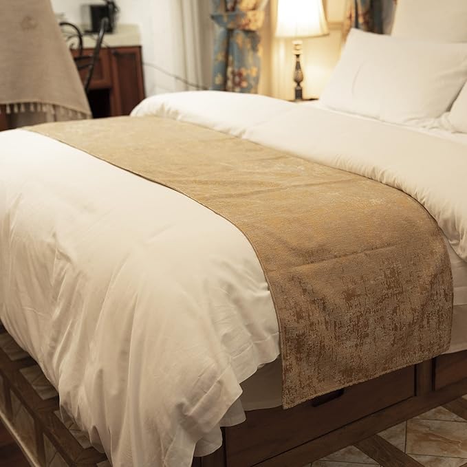 OSVINO Solid Color Chenille Soft No Fading Modern Bed Runner Bedding Scarf Protection, Gold, 210X50cm for 150cm Bed