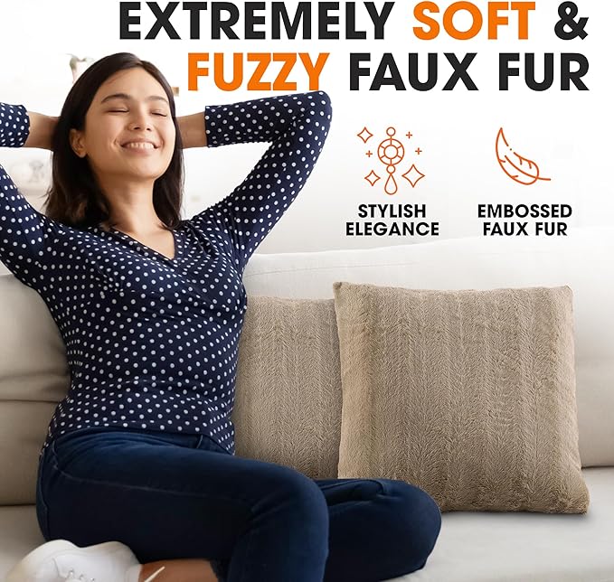 Cheer Collection Faux Fur Throw Pillows - Decorative Pillows for Couch, Bed Throw Pillows, Sand Accent Pillows for Bedroom or Living Room Aesthetic, Set of 2 Furry Throw Pillows, 20" x 20"