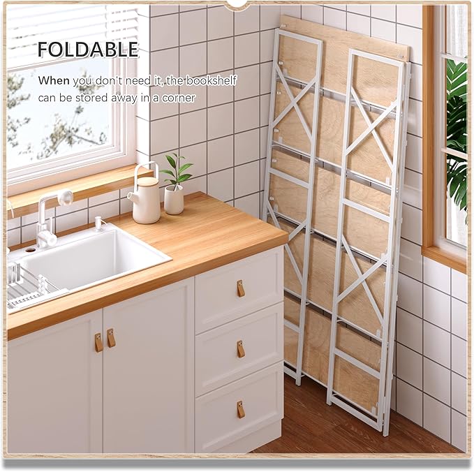 4NM Extra Wide 5 Tiers No Assembly Book Shelves, 51.2" H Folding Bookshelf Bookcase Open Industrial Foldable Shelves for Bedroom, Living Room, Home Office - Natural White
