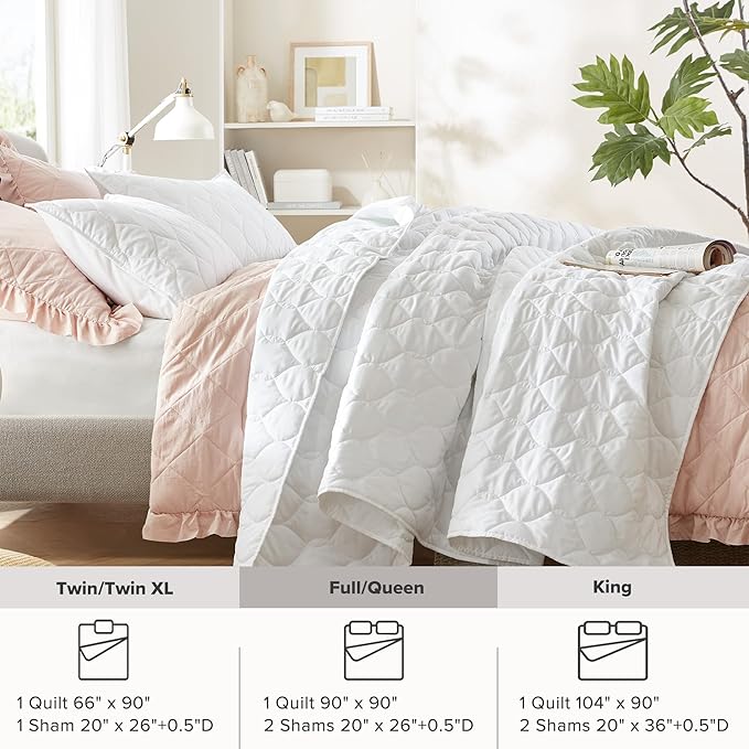 Comfort Spaces Queen Quilt Set Modern Reversible Ogee Coverlet Queen Bedding Set Cozy Quilted Winter Layer, All Season Lightweight Soft Queen Size Quilt, Kienna, Full/Queen White Ogee 3 Piece
