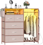 Dresser for Bedroom with Clothes Rack Side Pockets 5 Drawer Dresser with Charging Station LED Lights Black Storage Chest of Drawers for Hallway Closet Sturdy Steel Frame Wood Top (Pink)