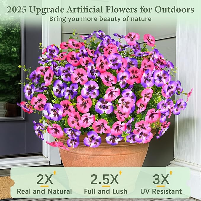 MARTINE MALL 18 Bundles Look Real Artificial Flowers for Outdoors, Realistic Fake Outdoor Flowers, UV Resistant Silk Pansy Flowers for Outside Faux Flowers Plants for Outdoor Porch Patio, Pink+Purple