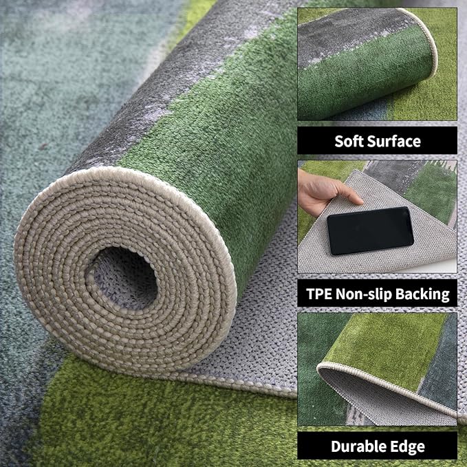 Ciicool Modern Abstract Rug for Living Room, 5'x7' Machine Washable Area Rug Non-Slip Rug, Low-Pile Contemporary Indoor Dining Floor Carpet for Bedroom Office Under Table Home Decor Green