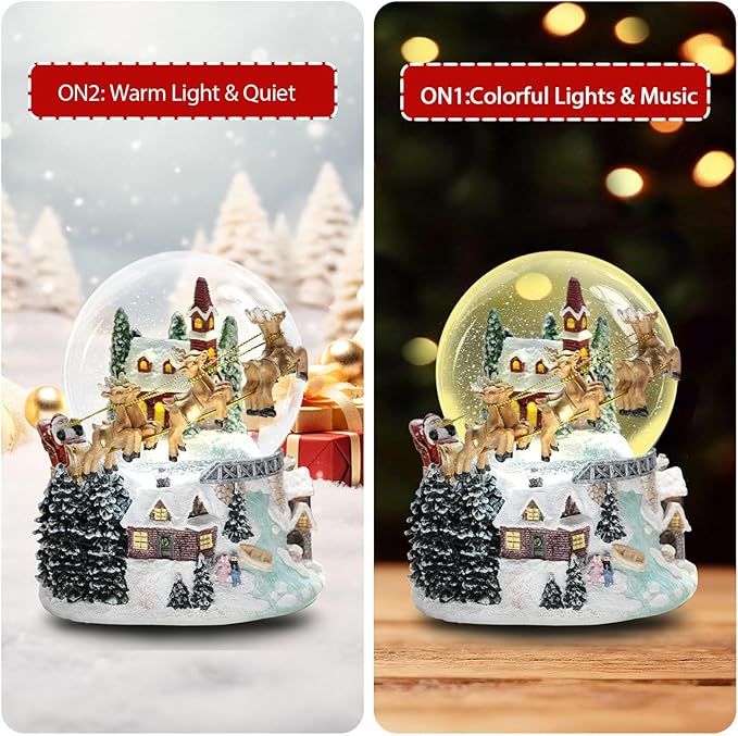 7'' H Christmas Snow Globe with Light up and Musical Valentine's Day Decoration Gift, Snowflakes Water Globe, Santa Sleigh Reindeer Resin Snow Globe, Christmas Holiday Indoor Decor.