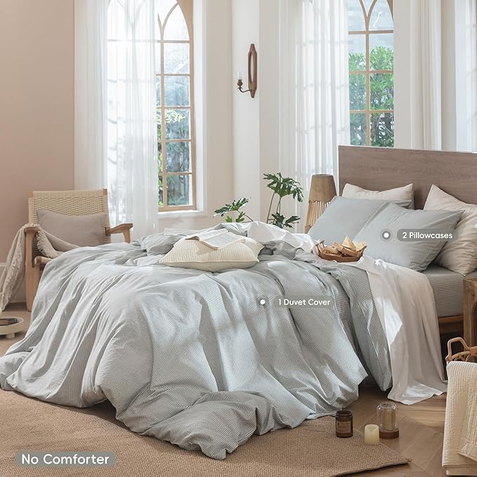MooMee Striped Duvet Cover Set 100% Washed Cotton Linen Like Textured Breathable Durable Soft Comfy (Heathered Green Pinstripes, Super King Plus 120"x120")