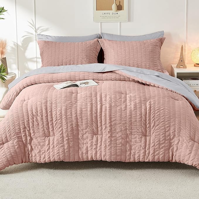 HYMOKEGE Rose Gold/Light Grey California King Comforter Set Seersucker 7 Pieces, All Season Luxury Bed in a Bag for Bedroom, Bedding Set with Comforter, Sheets, Pillowcases & Shams