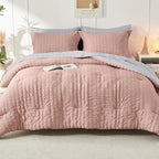 HYMOKEGE Rose Gold/Light Grey California King Comforter Set Seersucker 7 Pieces, All Season Luxury Bed in a Bag for Bedroom, Bedding Set with Comforter, Sheets, Pillowcases & Shams