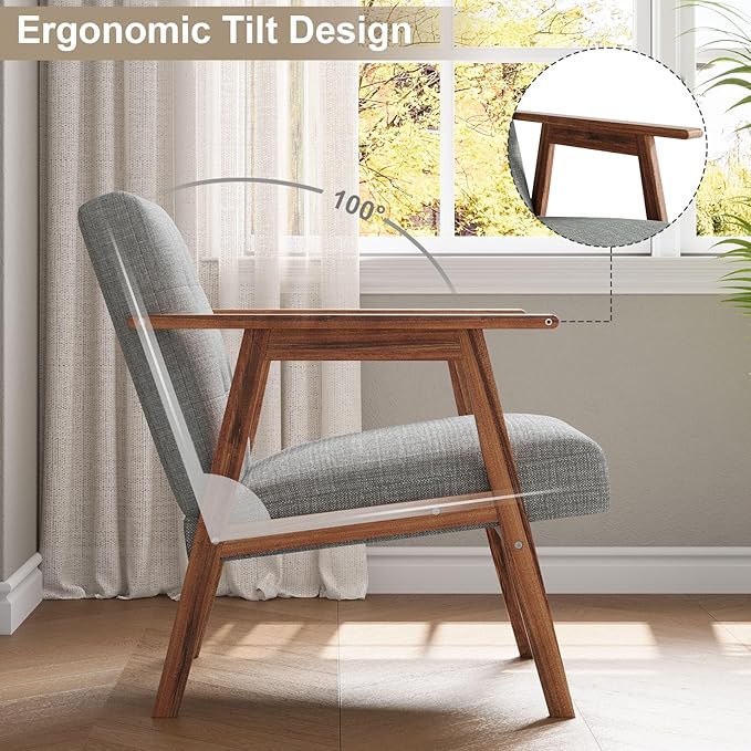 Mid Century Accent Chair, Upholstered Fabric Lounge Chair with Walnut Finish Frame for Living Room, Comfortable Sofa Chairs in Gray
