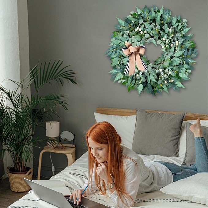 26'' Large Wreaths for Front Door Year Round, Spring Summer Artificial Green Eucalyptus Wreath with Buffalo Burlap Bow, Farmhouse Home Decor for Window Porch Holiday Housewarming