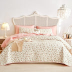 Wake In Cloud - Floral Quilt Set, Coquette Cottagecore Shabby Chic Flower Pattern for Women Teen Girls, Reversible Lightweight Bedspread Coverlet, 3 Pieces, Peach Blush, Twin/Twin XL Size