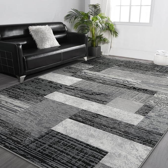 FlyDOIT Modern Geometric Patchwork Area Rug, 9x12 Grey Large Rugs for Living Room, Rockwood Collection Indoor Rugs for Bedroom, Throw Carpet Floor Decor for Entryway Dining Room Office Nursery