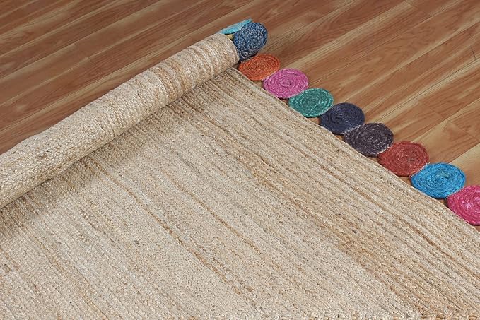 Scalloped Edge Rug, Hand Woven Natural Jute Area Rug, 10x10 Ft Square Beige & Multicolor Braided Kilim Rugs for Living Room, Kitchen, Entryway, Farmhouse