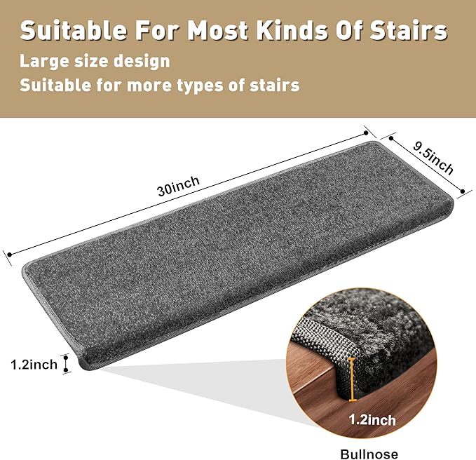 PURE ERA Bullnose Carpet Stair Treads Set Tape Free Non-Slip Indoor Stair Protectors Pet Friendly Rugs Covers Soft Skid Resistant Washable Reusable 9.5" x 30"(14 Pieces,Dark Gray)