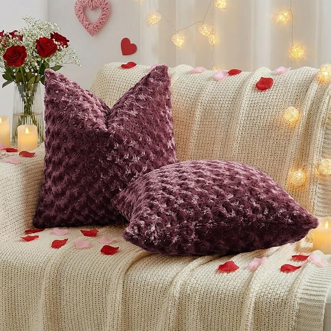 FUTEI Burgundy Decorative Throw Pillow Covers 16x16 Inch Set of 2,Soft Solid Rose Swirl Textured Cushion Case,Valentine's Day Decor for Couch Living Room