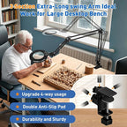 HITTI Ultra Long 12X & 30X Magnifying Glass with Light and Clamp, 5 Color Modes Steepless Dimming Desk Lamp, Swivel Arm Workbench Light, Hands Free Lighted Magnifier Stand for Craft Reading Hobby