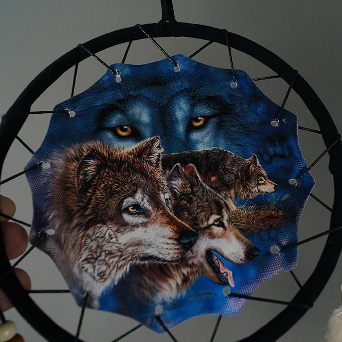 Remorelt Wolf Eagle Bear Dream Catcher Bedroom Wall Decor, Christmas Home Decoration, Room Accessory, White Moon Feather Decoration - Unique Home Craft Wall Pendant (DC08 6Inch Find 12 Wolves)