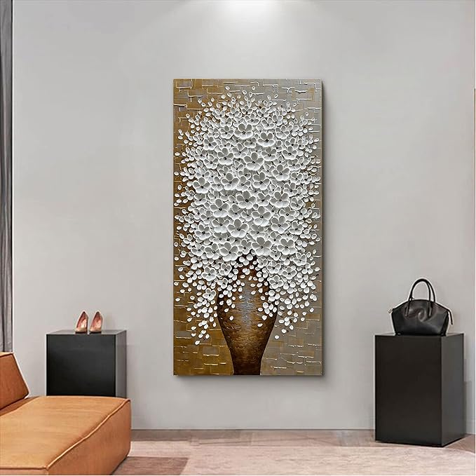 Epicler Hand-Painted 3D Flower Oil Painting with Metal Texture Background, 40x20 inch White Flower Art Painting, Modern Canvas murals, White Flower Art