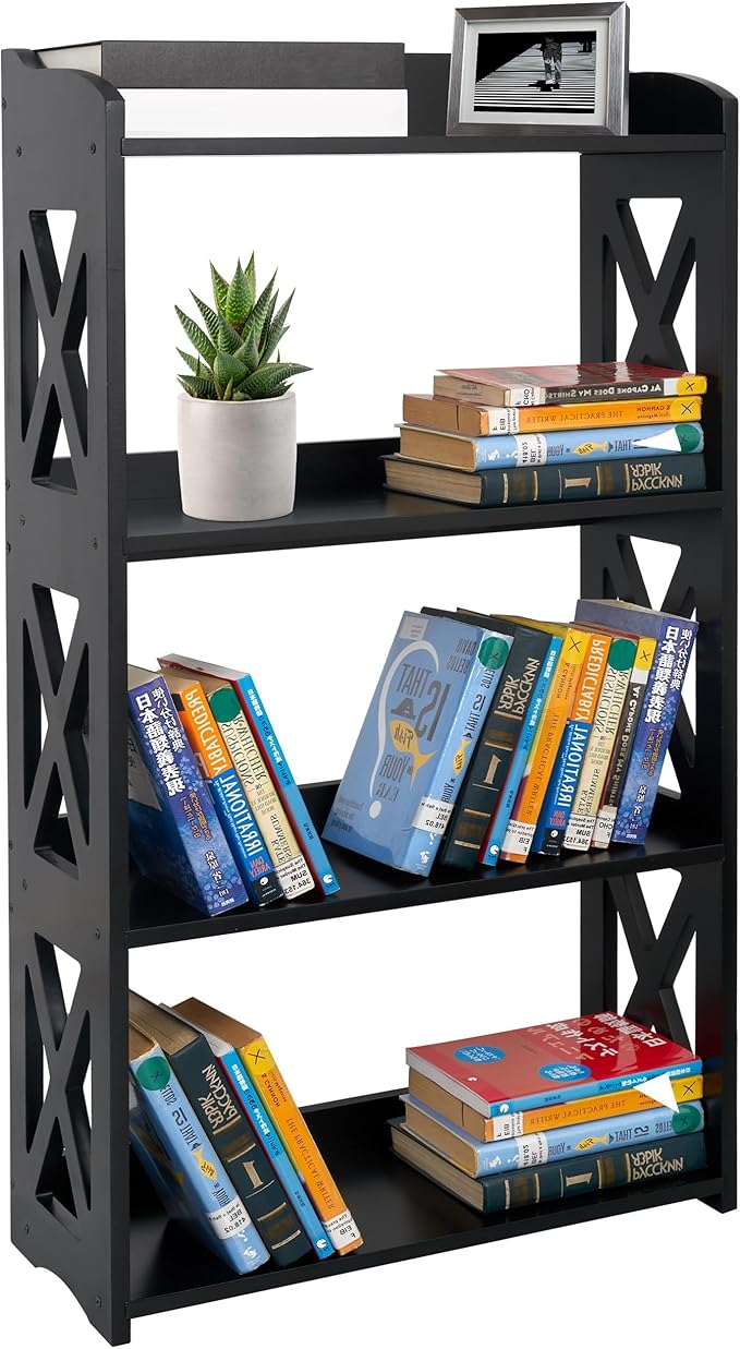 Black Bookcase by Natural Wood, 4 Tier Bookshelf, Small Book Shelves Freestanding Display Storage Shelves. Open Bookshelf for Bedroom, Living Room and Office (Black, 4 Tier)