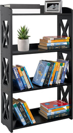 Black Bookcase by Natural Wood, 4 Tier Bookshelf, Small Book Shelves Freestanding Display Storage Shelves. Open Bookshelf for Bedroom, Living Room and Office (Black, 4 Tier)