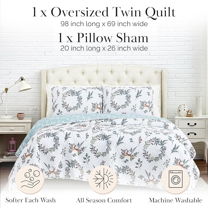 Southshore Fine Living, Inc. Happy Holidays Christmas Bedding Set 2-Piece Oversized Holiday Quilt Set with Quilted Shams, Twin/Twin XL