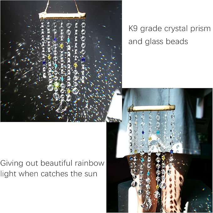 13.3inch Crystal Moon Star Prism Suncatcher Rainbow Maker Pendant Window Garden Hanging Decoration Ornament for Christmas Tree Crystal Wind Chimes