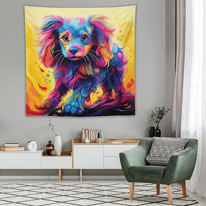 VUMIVI Colorful Cute Dog Tapestry Rainbow-Hued Oil Painting Pet-Themed Abstract Art Print Tapestry Wall Hanging for Living Room Bedroom Dorm Classroom Aesthetic Decor W60xL60in
