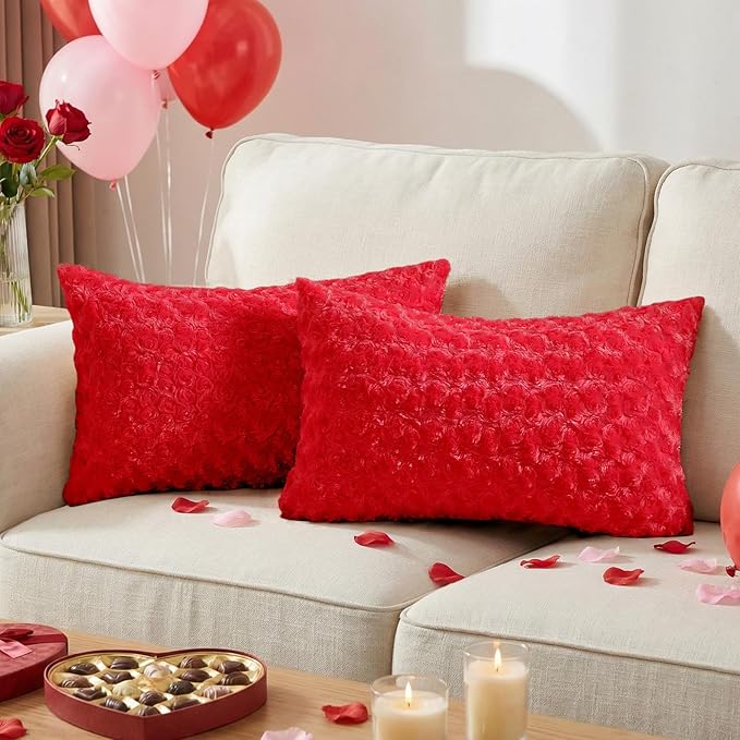 FUTEI Red Decorative Throw Pillow Covers 12x20 Inch Set of 2,Soft Solid Rose Swirl Textured Lumbar Pillow Case,Valentine's Day Decor for Couch Living Room