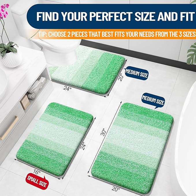 OLANLY Bathroom Rug Set 2 Piece, Soft Absorbent Microfiber Bath Mats and U-Shaped Contour Toilet Rug, Non-Slip, Machine Wash Dry, Plush Shaggy Bath Mats for Bathroom (30"x20"+24"x20", Green)