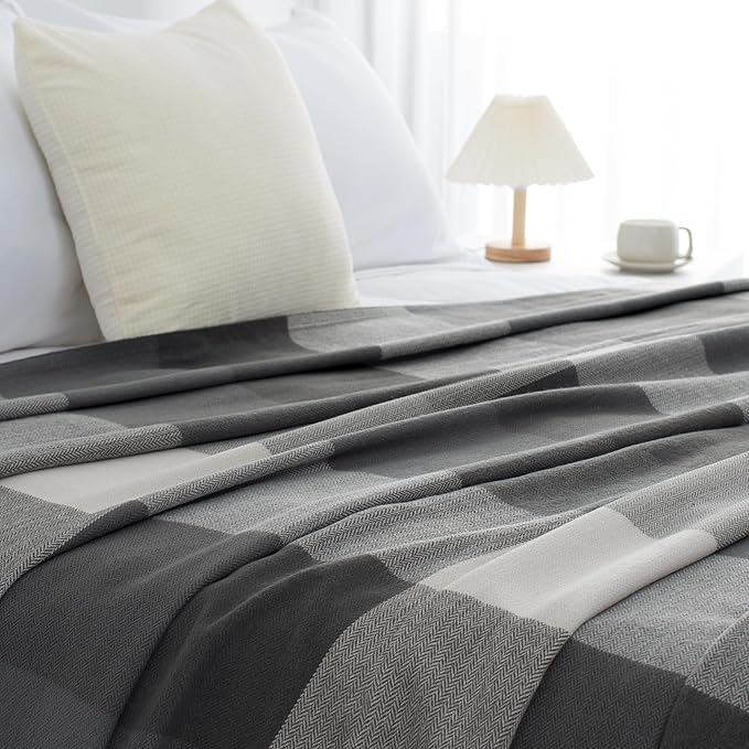 Buffalo Plaid Twin Blanket for Couch with Tassels,60"X80" Soft Lightweight Knitted Boho Decorative Blankets for Bed and Sofa Silver