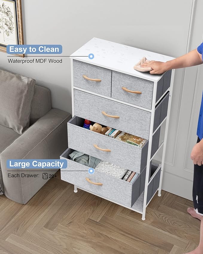 Crestlive Products Vertical Dresser Storage Tower - Sturdy Steel Frame, Wood Top, Easy Pull Fabric Bins, Wood Handles - Organizer Unit for Bedroom, Hallway, Entryway, Closets - 6 Drawers (Light Grey)