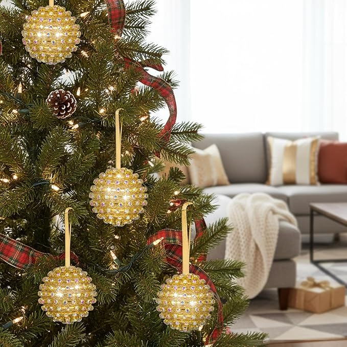 Iridescent Crystal Rhinestone Ball Ornaments, 4 Pack Handcrafted Sparkling Christmas Tree Decorations, Hanging Ornaments for Holiday & Home Décor in Luxury Gift Box
