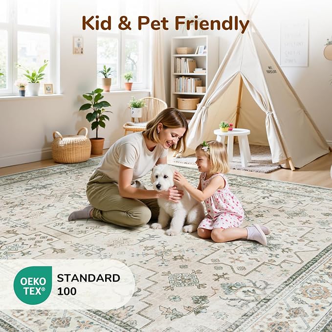 Lessymo Farmhouse Washable 8x10 Area Rugs for Living Room, Bedroom, Dining Room Rug for Under Table, Home Office, Non-Slip Stain Resistant Vintage Floral Large Carpet, Beige Brown