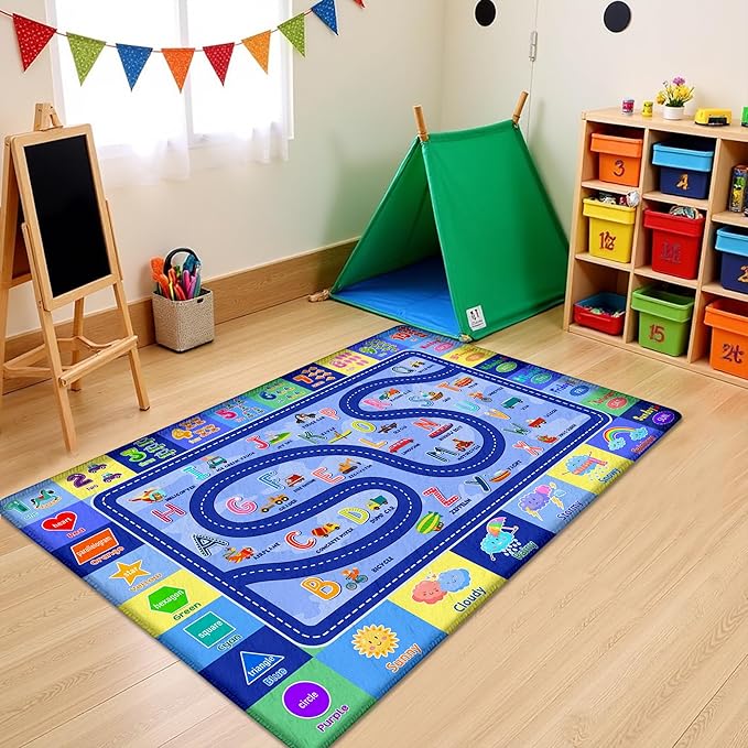Kids Rugs for Playroom, Educational Classroom Rug for Kids Room, Soft Carpet for Toddler Nursery, Non-Slip Play Mat for Learning Alphabet, Vehicles, Numbers, Animals, Colors, Shape, Season 3x5 Feet
