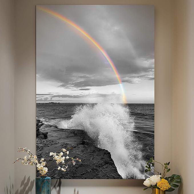 Renditions Gallery Canvas Nature Wall Art Paintings & Prints Decorations Romantic Cloudy Rainbow Black & White Wall Hanging Artwork for Bedroom Living Room Office Kitchen - 12"x18" LT06