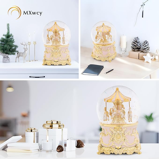 Carousel Horse Music Box Gold Pink Christmas Snow Globes Lantern Whirling Snow Globe Gift for Girls Women Mom Christmas Birthday Day Home Decoration