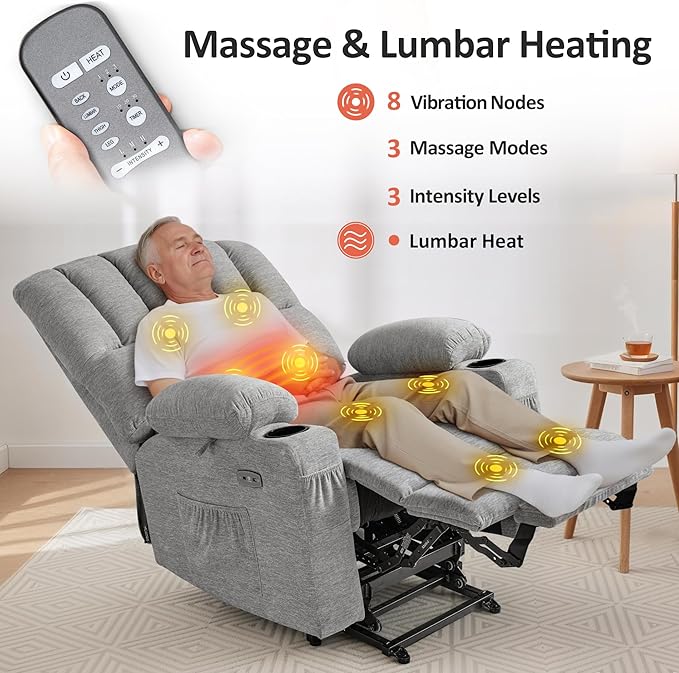 MCombo Large Power Lift Recliner Chair for Elderly, Lift Chair with Heat and Massage, 3 Positions, USB Charge Ports, Cup Holders, Fabric 7099 (Large, Grey)