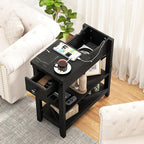 Narrow End Table with Charging Station - Farmhouse Slim Side Table Set of 2, w/USB Ports Power Outlets, Nightstand w/Flip Top Storage Drawer, for Small Spaces Living Room Bedroom, Black