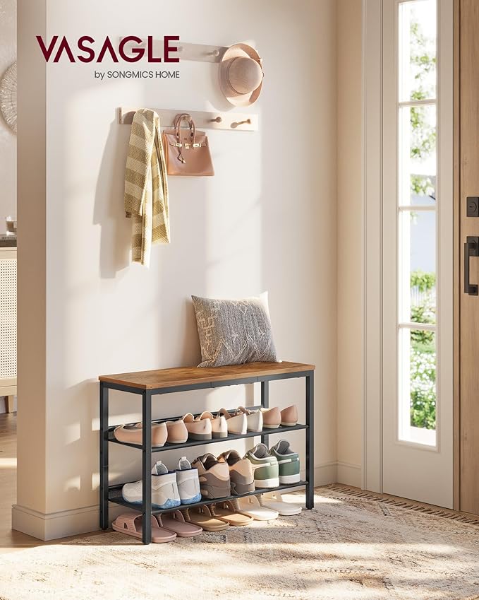 VASAGLE Shoe Rack for Entryway, 3-Tier Shoe Rack Organizer with Storage Shelves and Spacious Top, Freestanding, Adjustable, Industrial, Rustic Brown and Ink Black ULBS043KD01