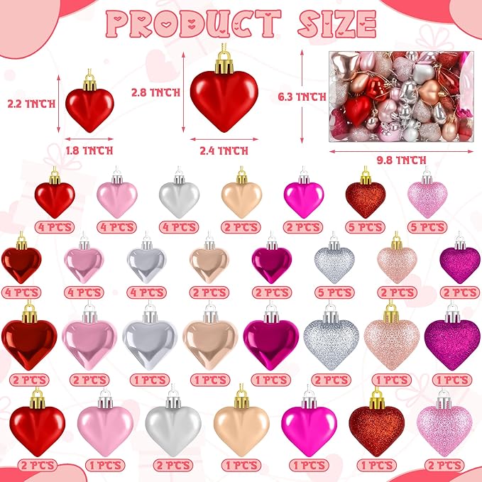 72 Pack Valentine Day Heart Shaped Ornaments Romantic Various Styles Heart Hanging Baubles Colorful Romantic Glossy Hearts Valentine's Day Decor for Party Anniversary Crafts Party Favors