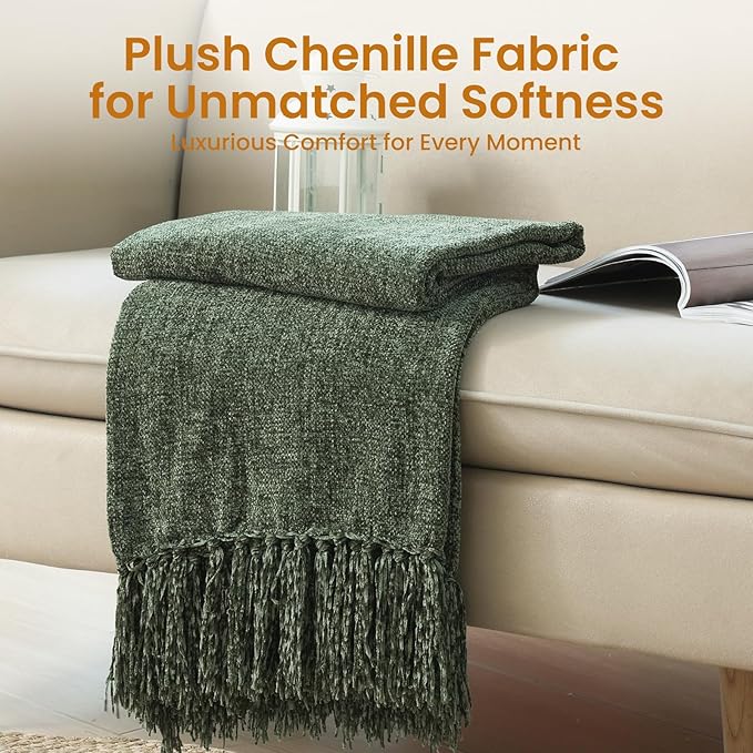 Olive Green Chenille Throw Blanket for Couch Bed，Soft Cozy Throw Blanket with Handmade Fringe, Decorative Blanket for Sofa Chair Living Room for Gift, (Olive Green)