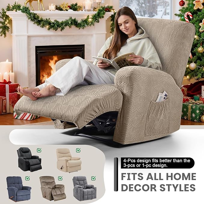 VANSOFY Recliner Chair Covers, 4-Pieces Stretch Recliner Cover Jacquard Soft Reclining Chair Slipcover Furniture Protector with Elastic Bottom for Lazy Boy Recliner(Khaki)
