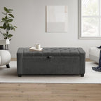 SUNWAVE Storage Ottoman Bench, Linen Fabric End of Bed Storage Bench with Button Tufted, Safety Hinge Lid, Large Ottoman for Bedroom, Living Room & Entryway
