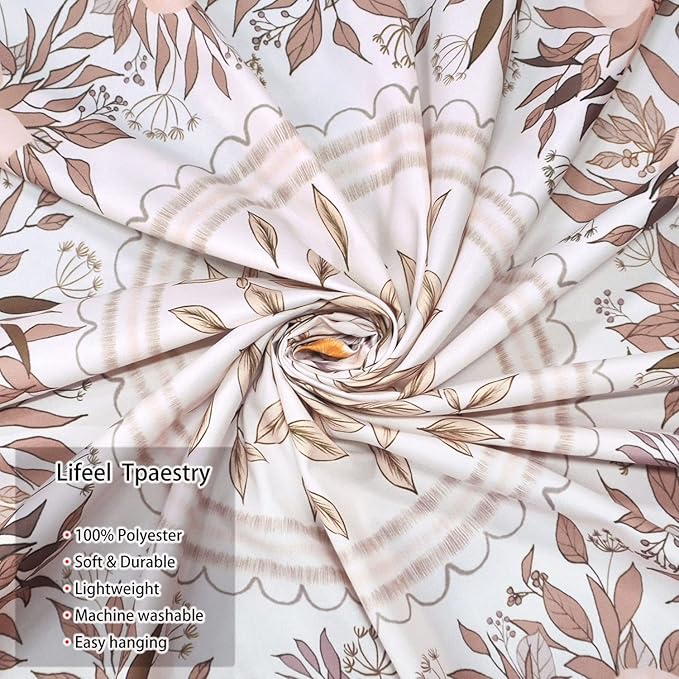 Lifeel White Pink Bohemian Tapestry Wall Hanging, Mandala Floral Medallion Hippie Tapestry with Light Brown Aesthetic Wreath Design, Cream Wall Decor Blanket for Bedroom Home Dorm, Small 50×60 inches