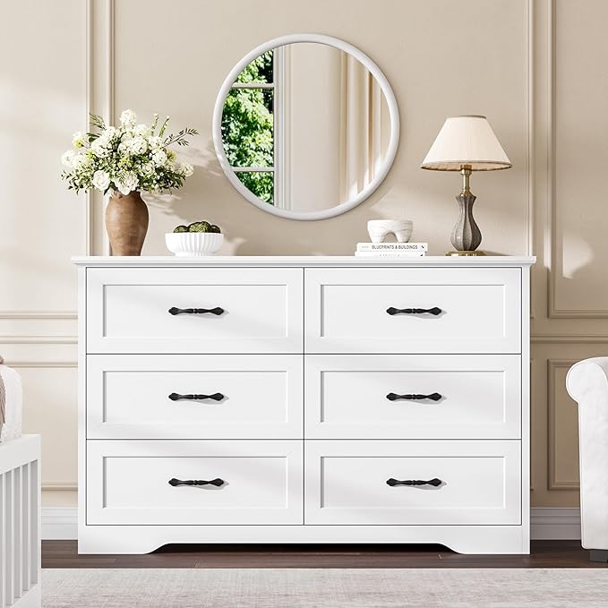 GAOMON Farmhouse 6 Double Drawers Dresser for Bedroom, 47.2'' Wide Chest of Drawer, Wooden Horizontal Dresser with Metal Handles and Stable Base, Modern Cabinet for Bedroom, Living Room, White