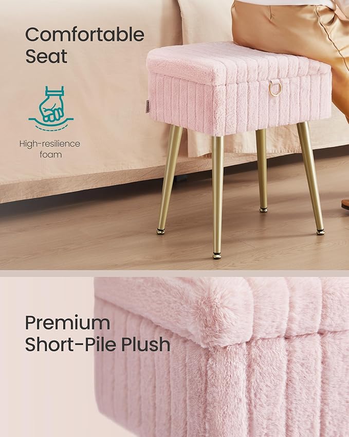 SONGMICS Vanity Stool Chair with Storage, Makeup Stool, Footrest Footstool Ottoman, Metal Legs, Adjustable Feet, for Living Room, Bedroom, Makeup Room, Jelly Pink ULOM505SZ02