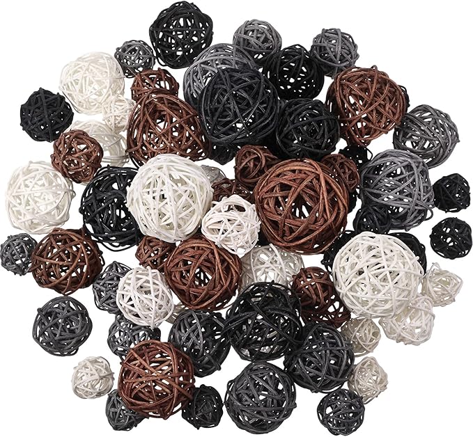 Patelai 72 Pcs Wicker Rattan Balls Decorative Balls for Vase Centerpiece Bowls Orbs Filler for Spring Summer Craft Home Decor, 4 Sizes(White, Dark Gray, Brown, Black)