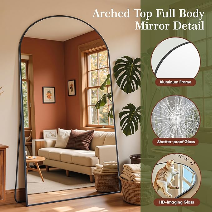 Full Length Mirror, 76"x44" Arched Full Body Mirror, Oversized Floor Mirrors, Leaning Free Standing Mirrors, Hanging Mounted Large Mirrors for Bedroom Dressing Room, Cloakroom, Gold