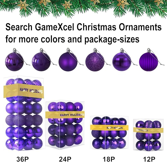 Purple 1.6" Small Christmas Balls Christmas Tree Decoration Ornaments Shatterproof Hanging Balls for Birthday Halloween Holiday Wedding Decorations Set of 24pcs